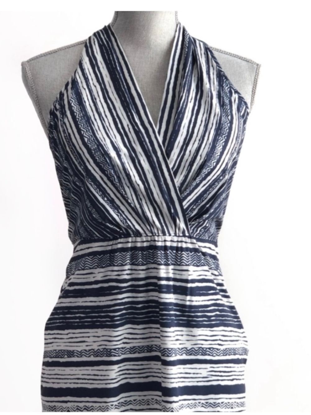 Athleta Go Anywhere Halter Dress Navy White Stripe Smocked Size 6P EUC